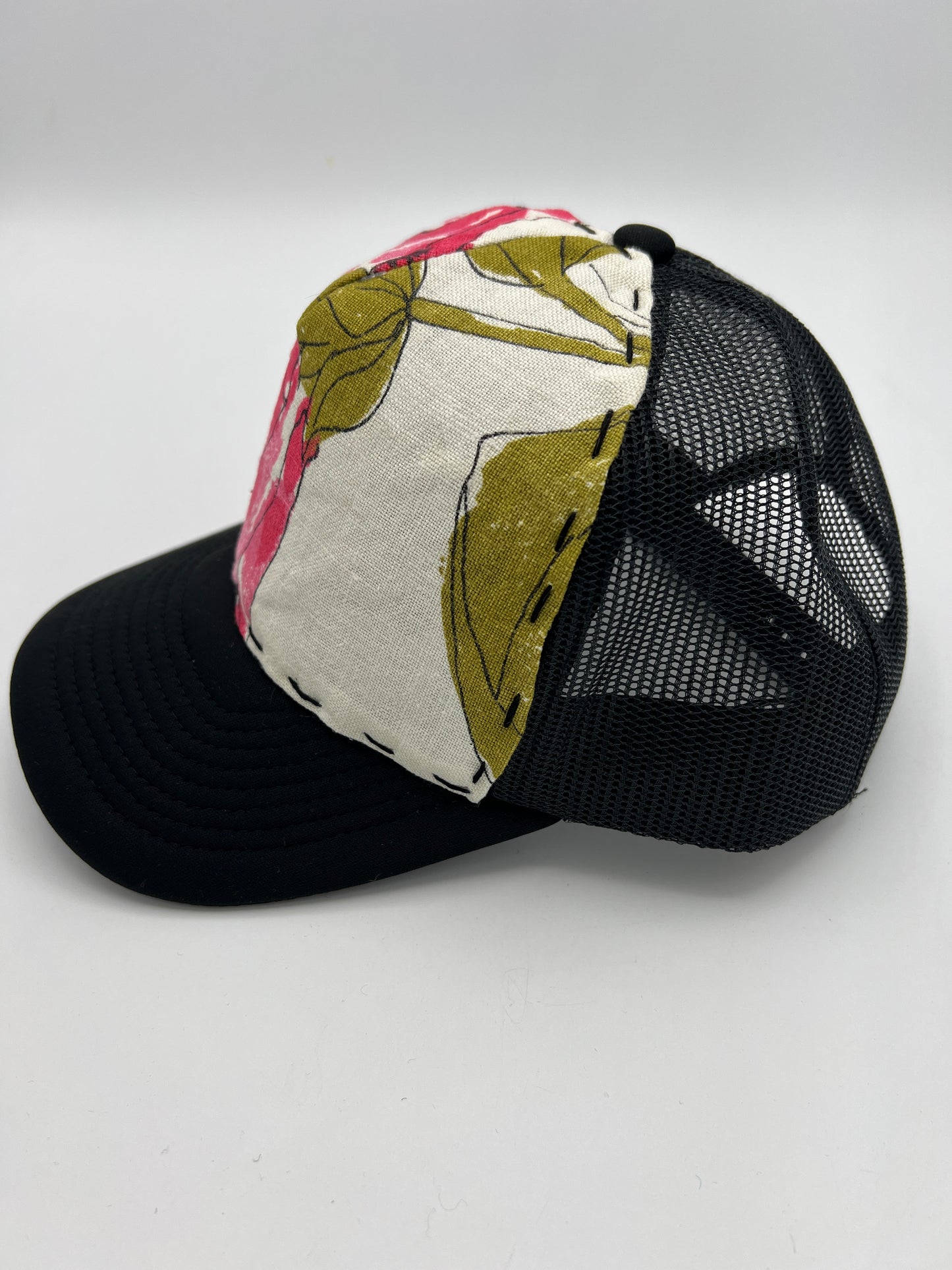 Vintage Vera Neumann floral fabric: black curved brim trucker hat