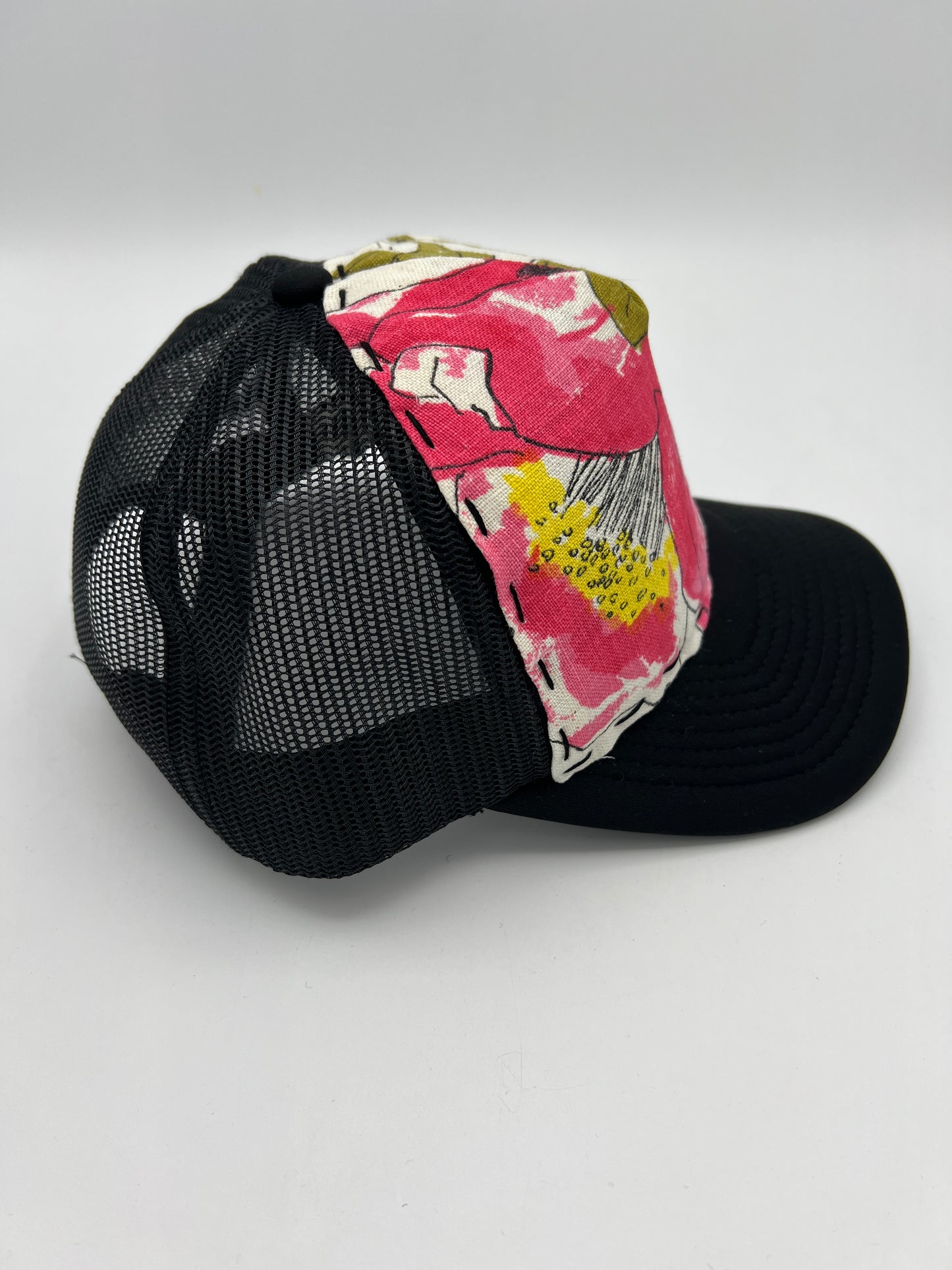 Vintage Vera Neumann floral fabric: black curved brim trucker hat