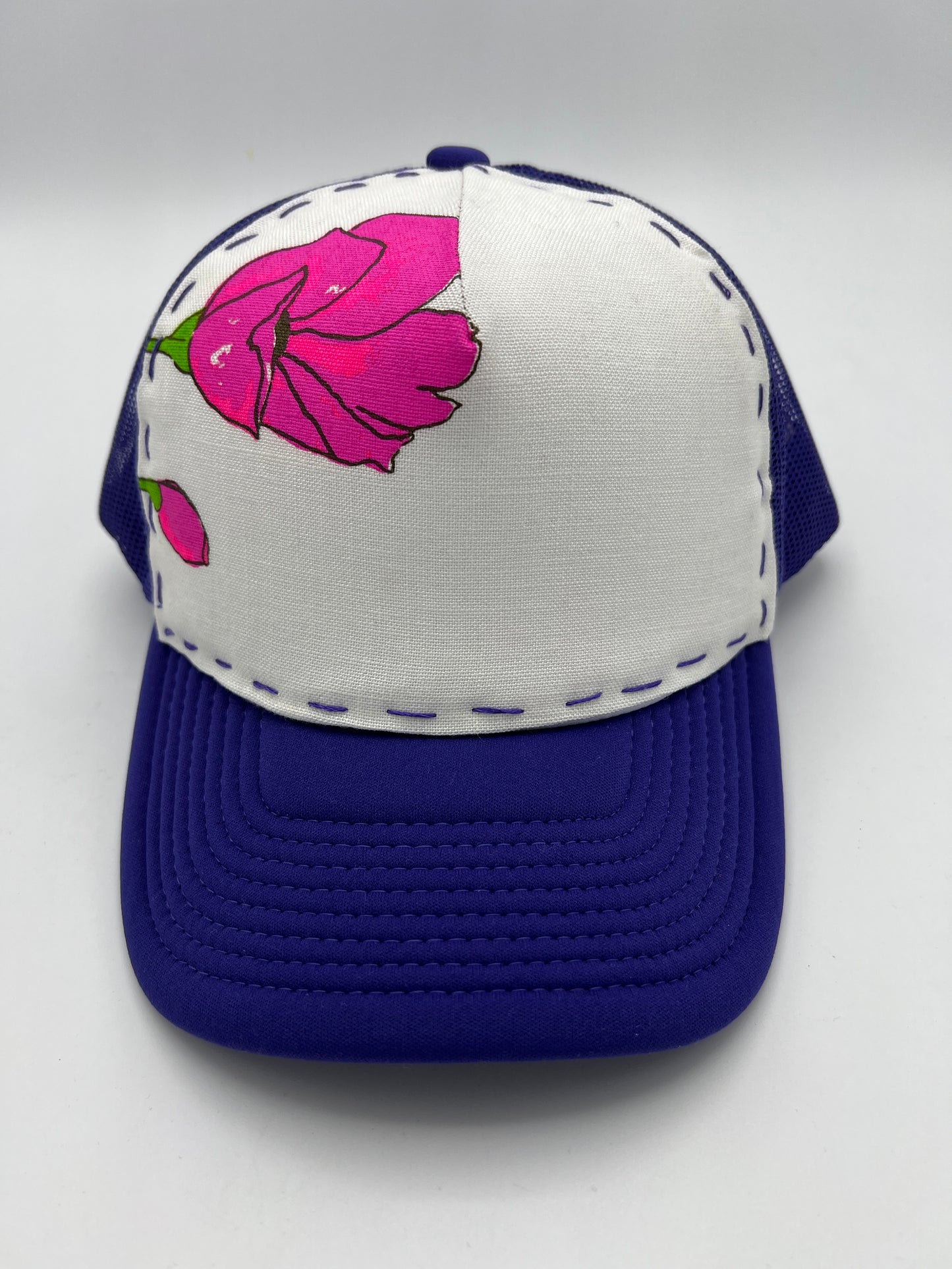 Vintage Alfred Shaheen aloha floral 60s fabric- purple curved brim trucker hat