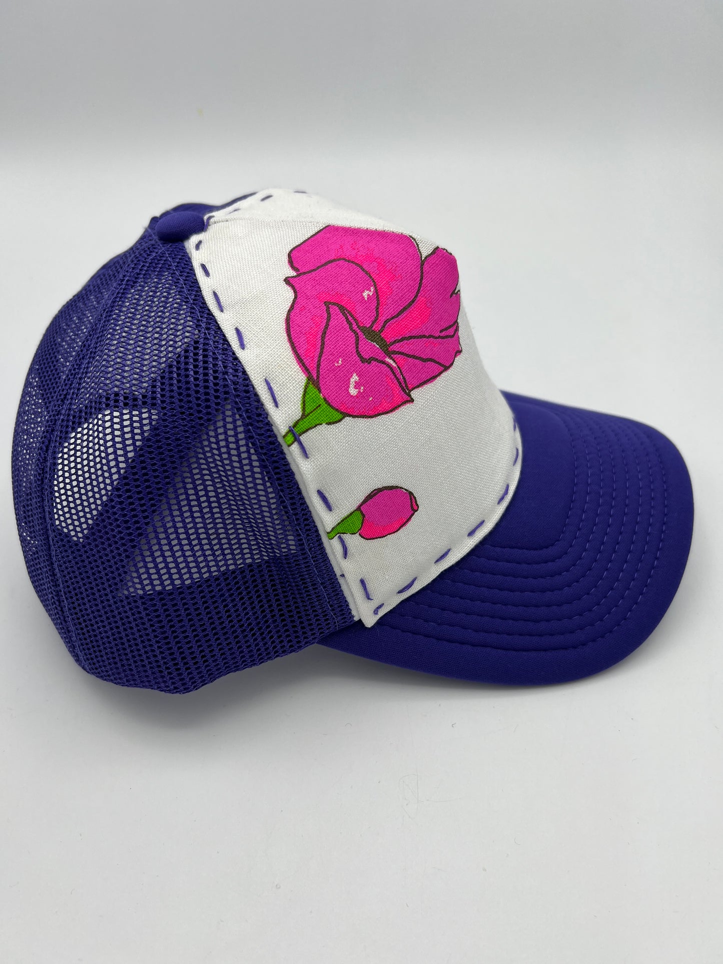 Vintage Alfred Shaheen aloha floral 60s fabric- purple curved brim trucker hat