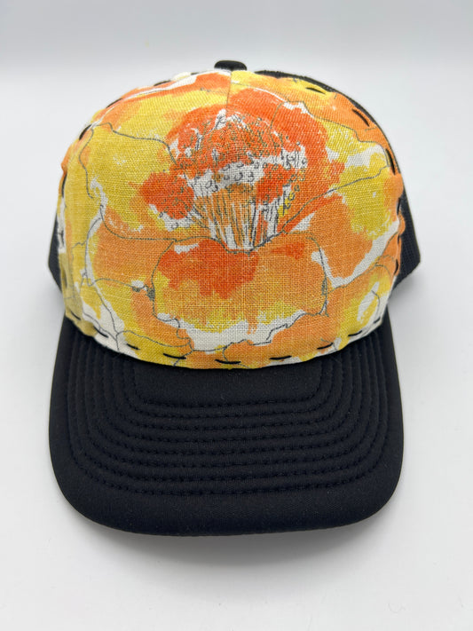 Vintage Vera Neumann floral fabric- black curved brim trucker hat