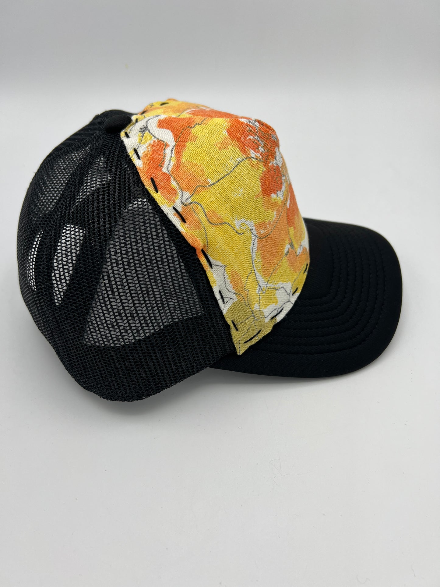 Vintage Vera Neumann floral fabric- black curved brim trucker hat