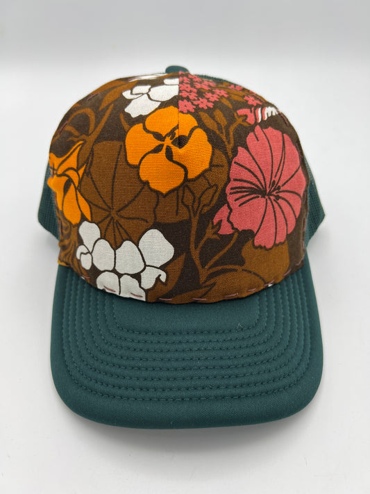 Vivid vintage aloha fabric- forest green curved brim trucker hat