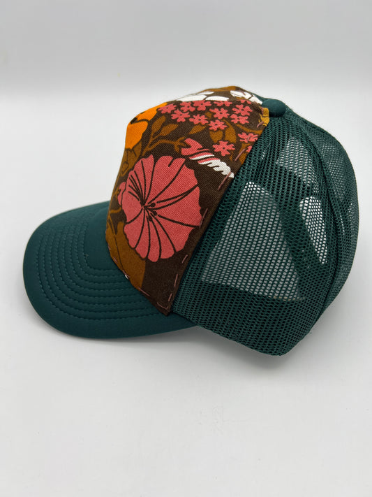 Vivid vintage aloha fabric- forest green curved brim trucker hat