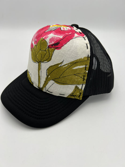 Vintage Vera Neumann floral fabric: curved brim black trucker hat