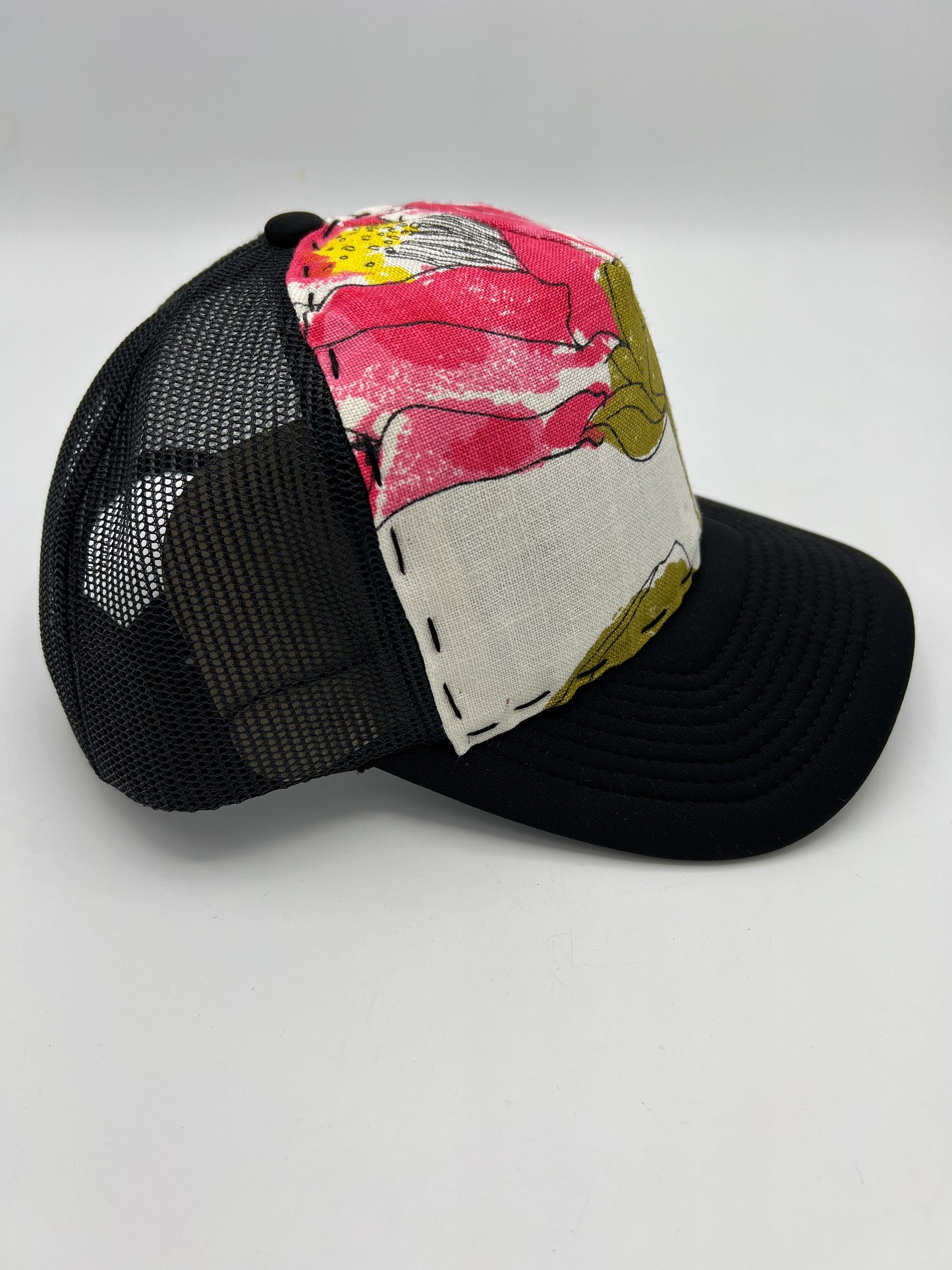 Vintage Vera Neumann floral fabric: curved brim black trucker hat