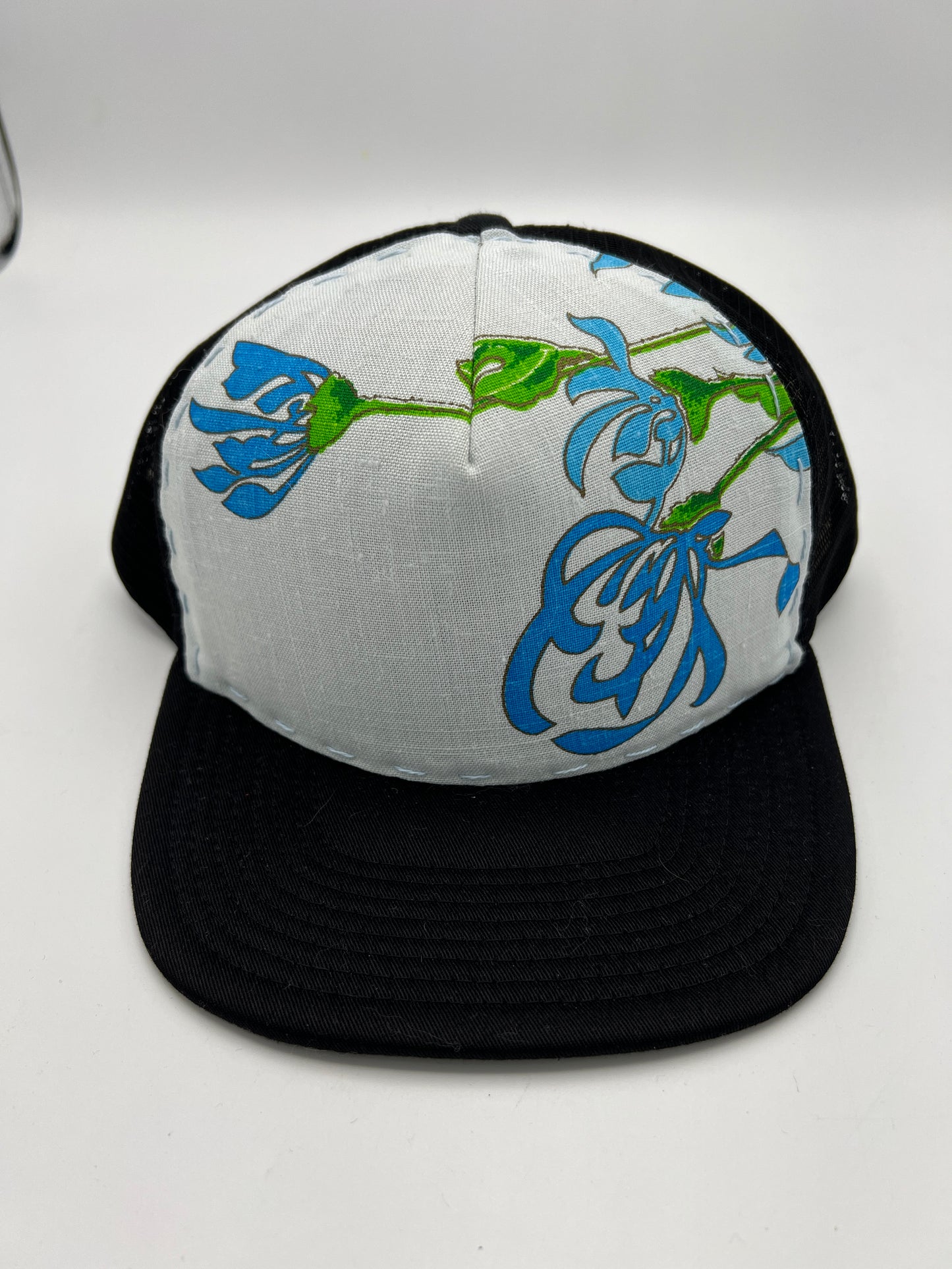 Vintage Alfred Shaheen aloha fabric- black  flat brim trucker hat