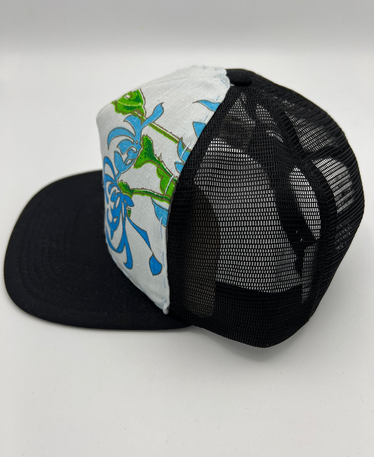 Vintage Alfred Shaheen aloha fabric- black  flat brim trucker hat