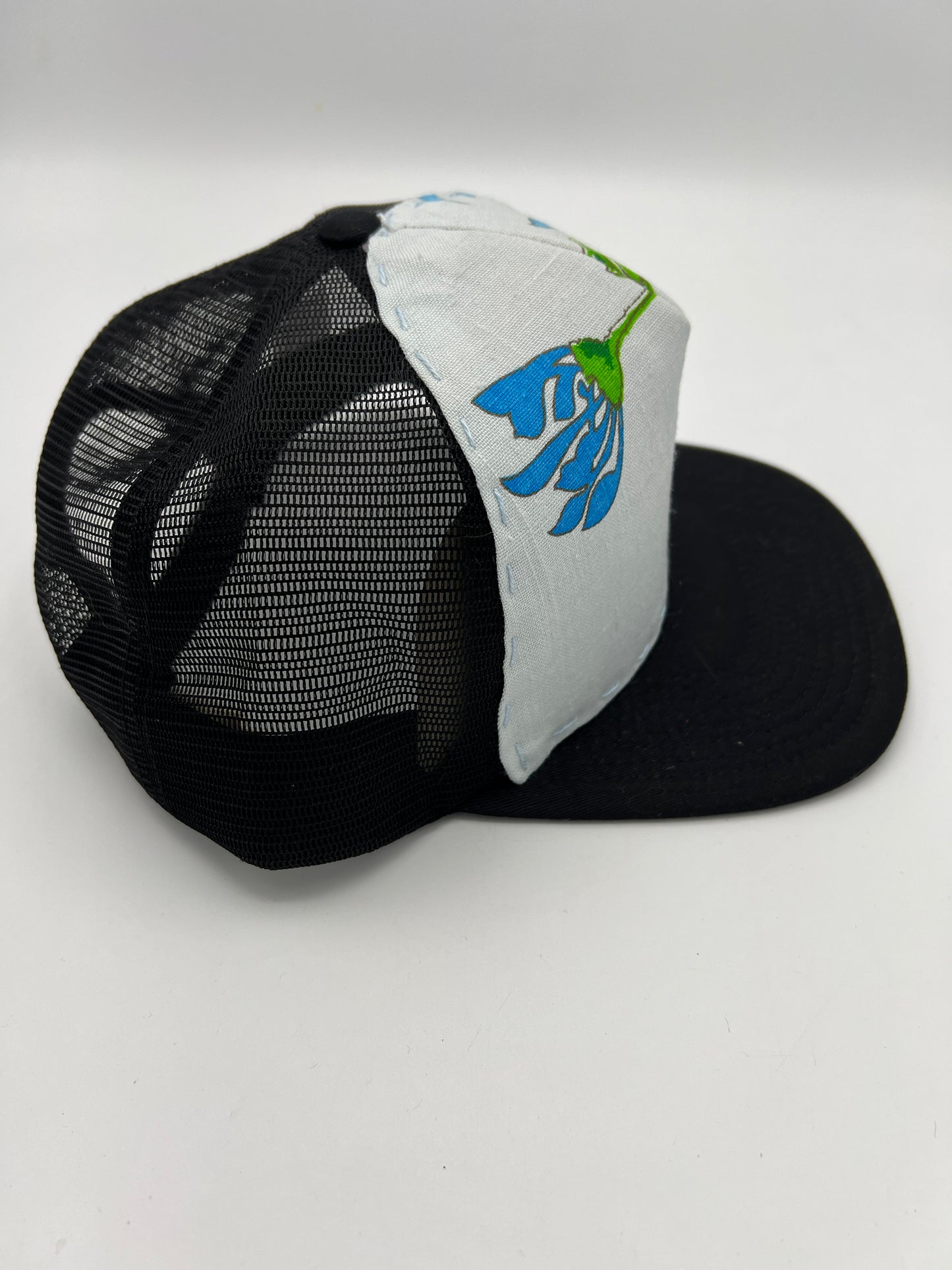 Vintage Alfred Shaheen aloha fabric- black  flat brim trucker hat