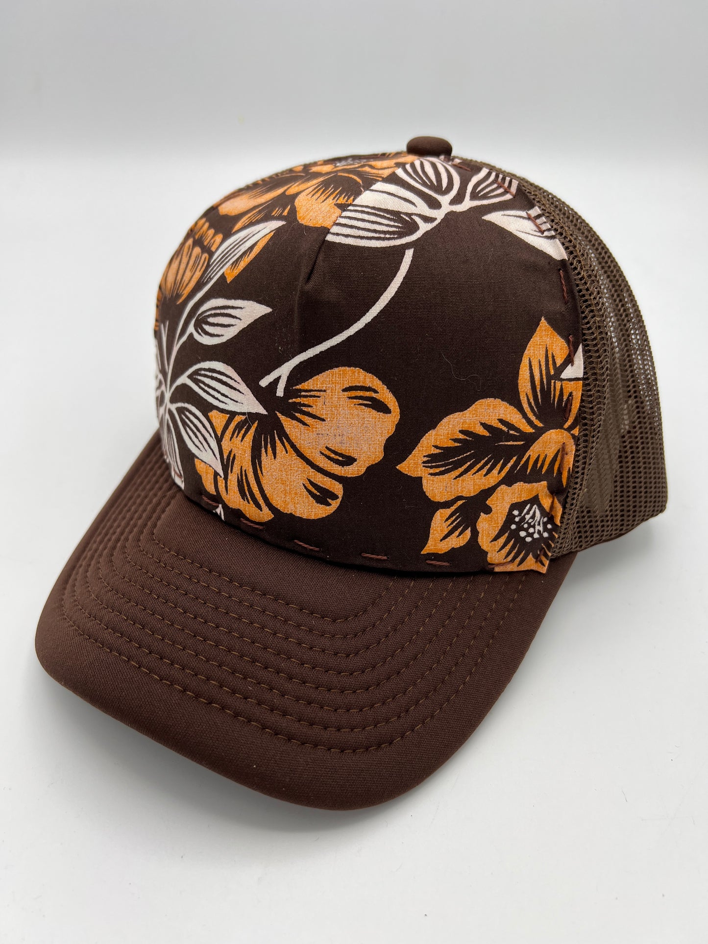 Vintage aloha fabric- brown curved brim trucker hat