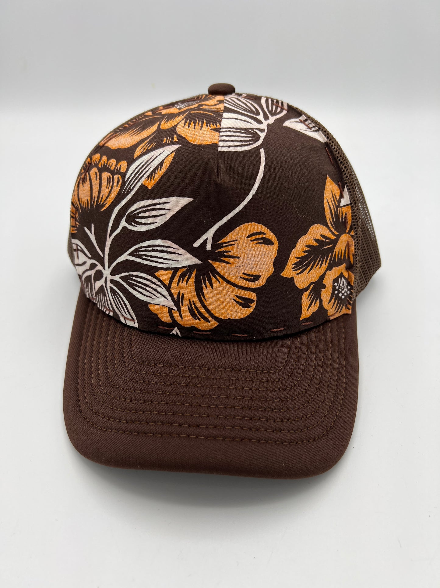 Vintage aloha fabric- brown curved brim trucker hat