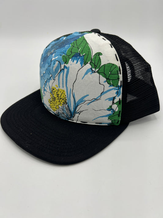 Vintage Vera Neumann floral fabric- black flat brim trucker hat