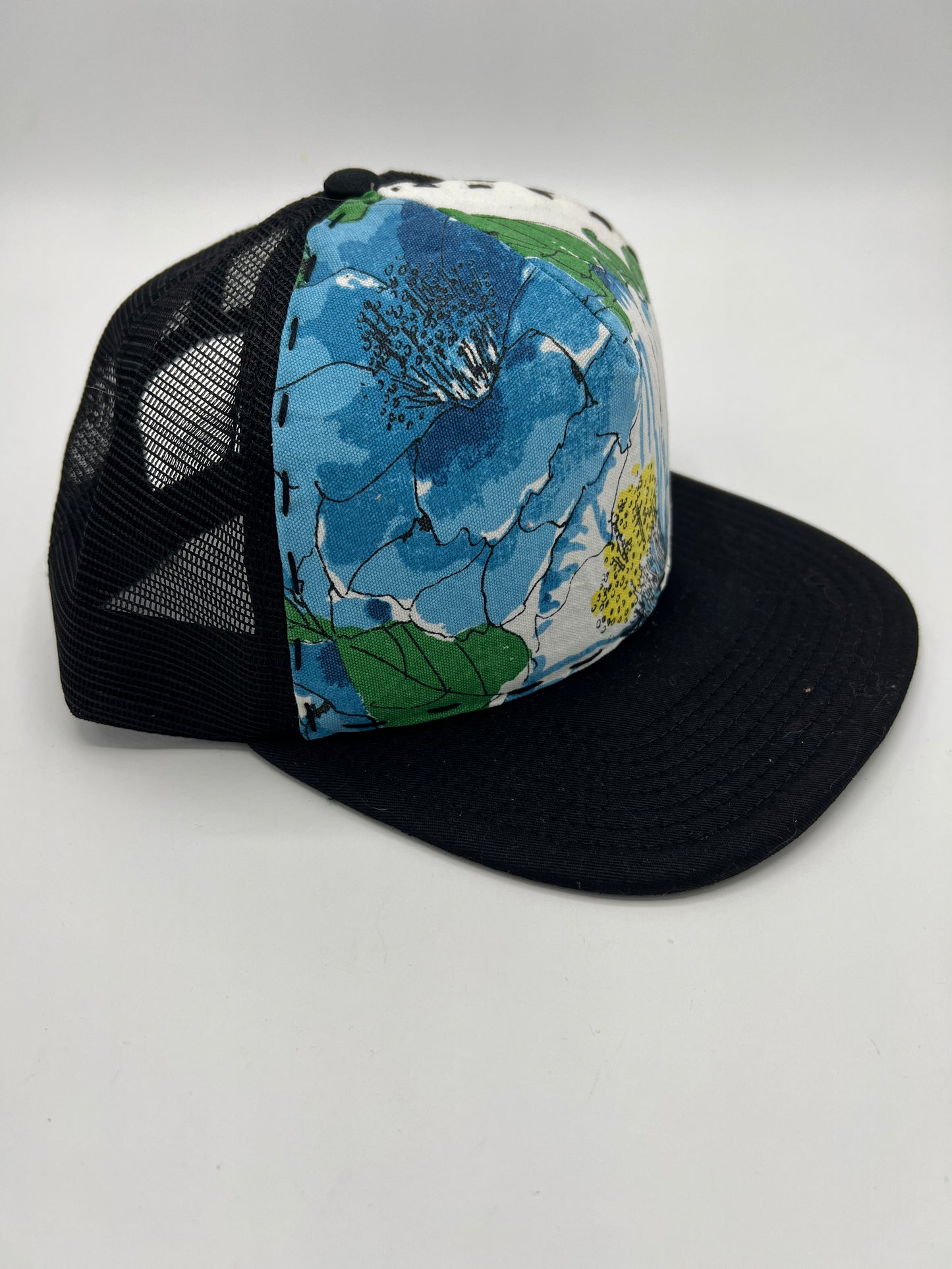 Vintage Vera Neumann floral fabric- black flat brim trucker hat