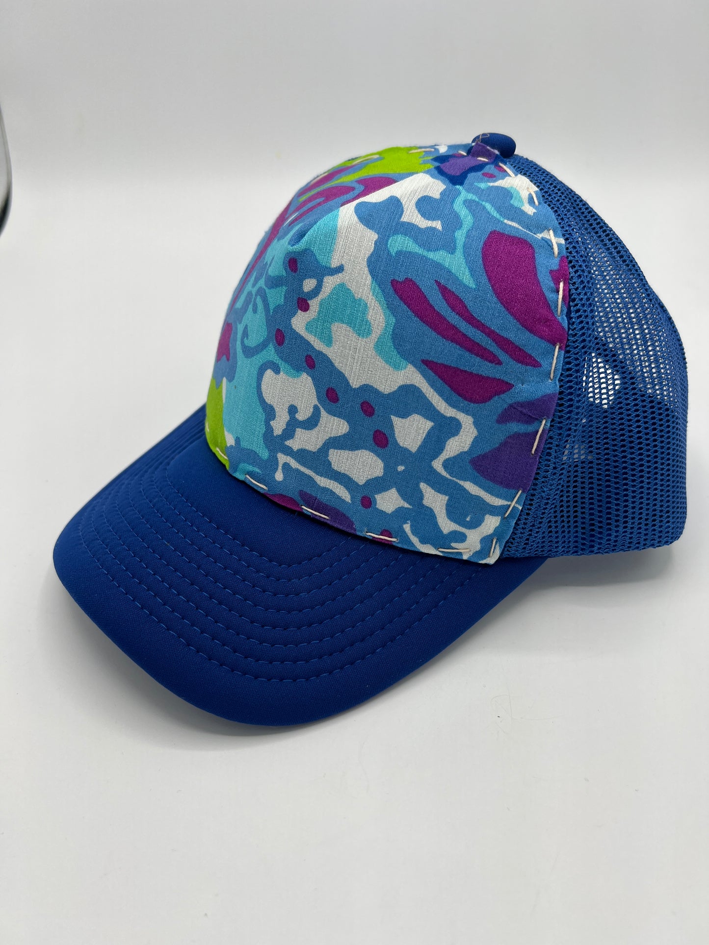 Vintage silk flowered Aloha fabric - curved brim blue trucker hat
