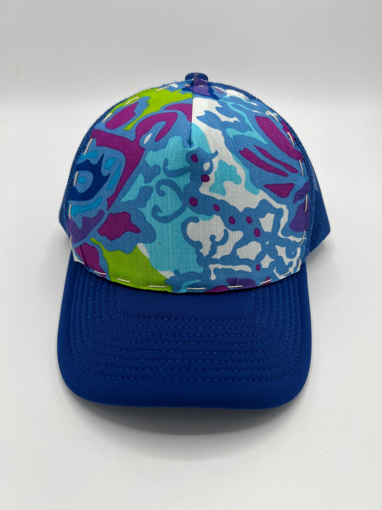 Vintage silk flowered Aloha fabric - curved brim blue trucker hat
