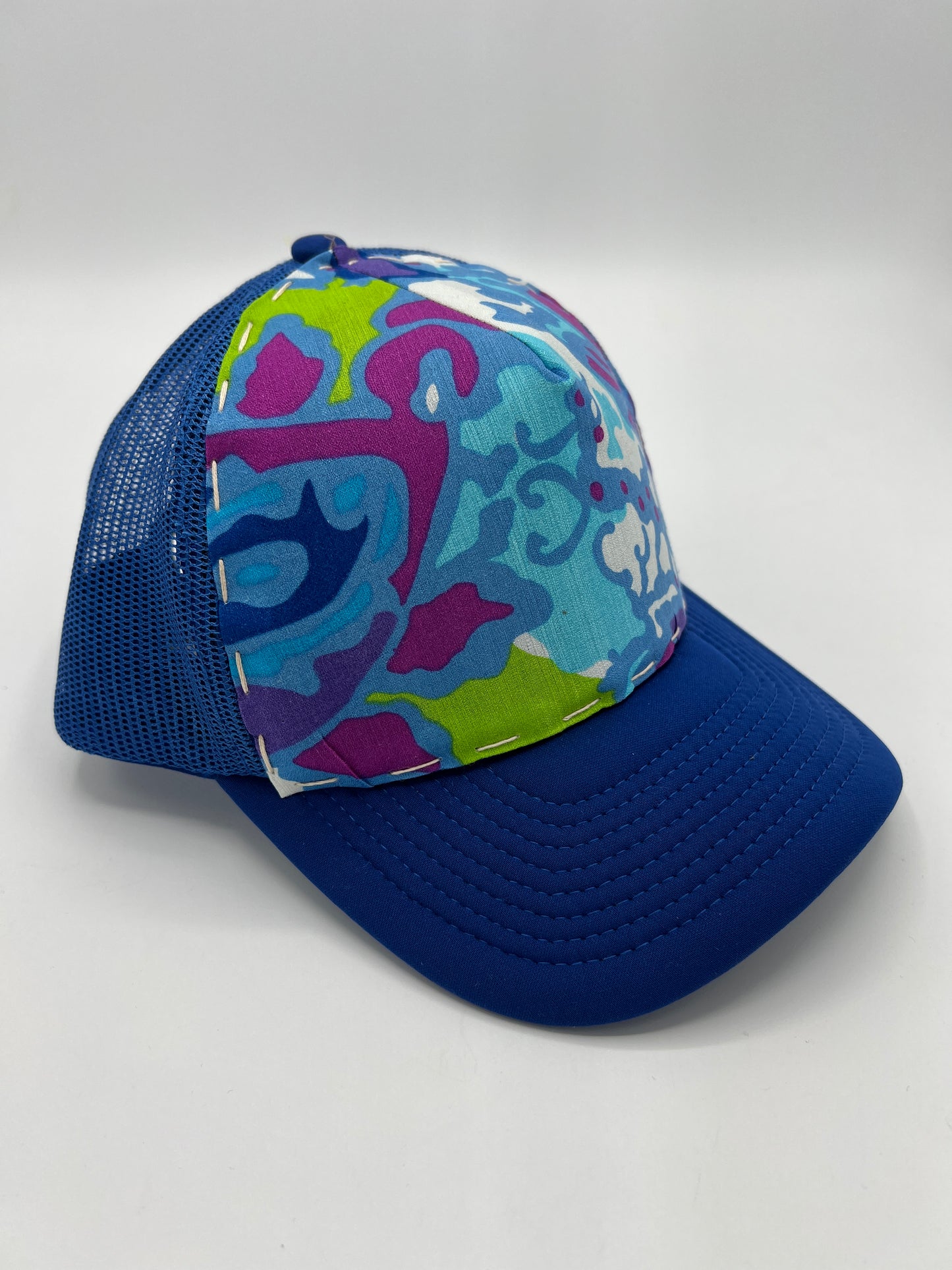 Vintage silk flowered Aloha fabric - curved brim blue trucker hat