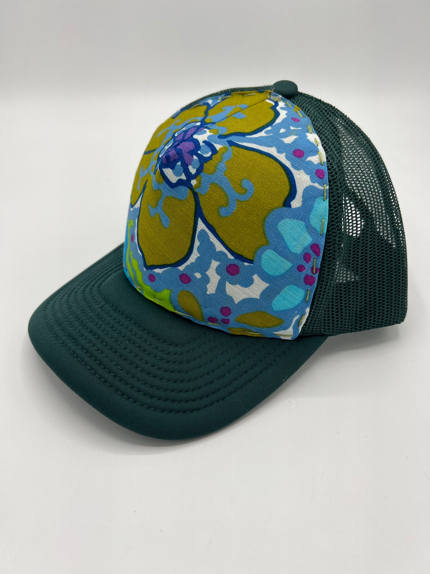 Vintage silk Aloha flowered fabric -curved brim forest green trucker hat