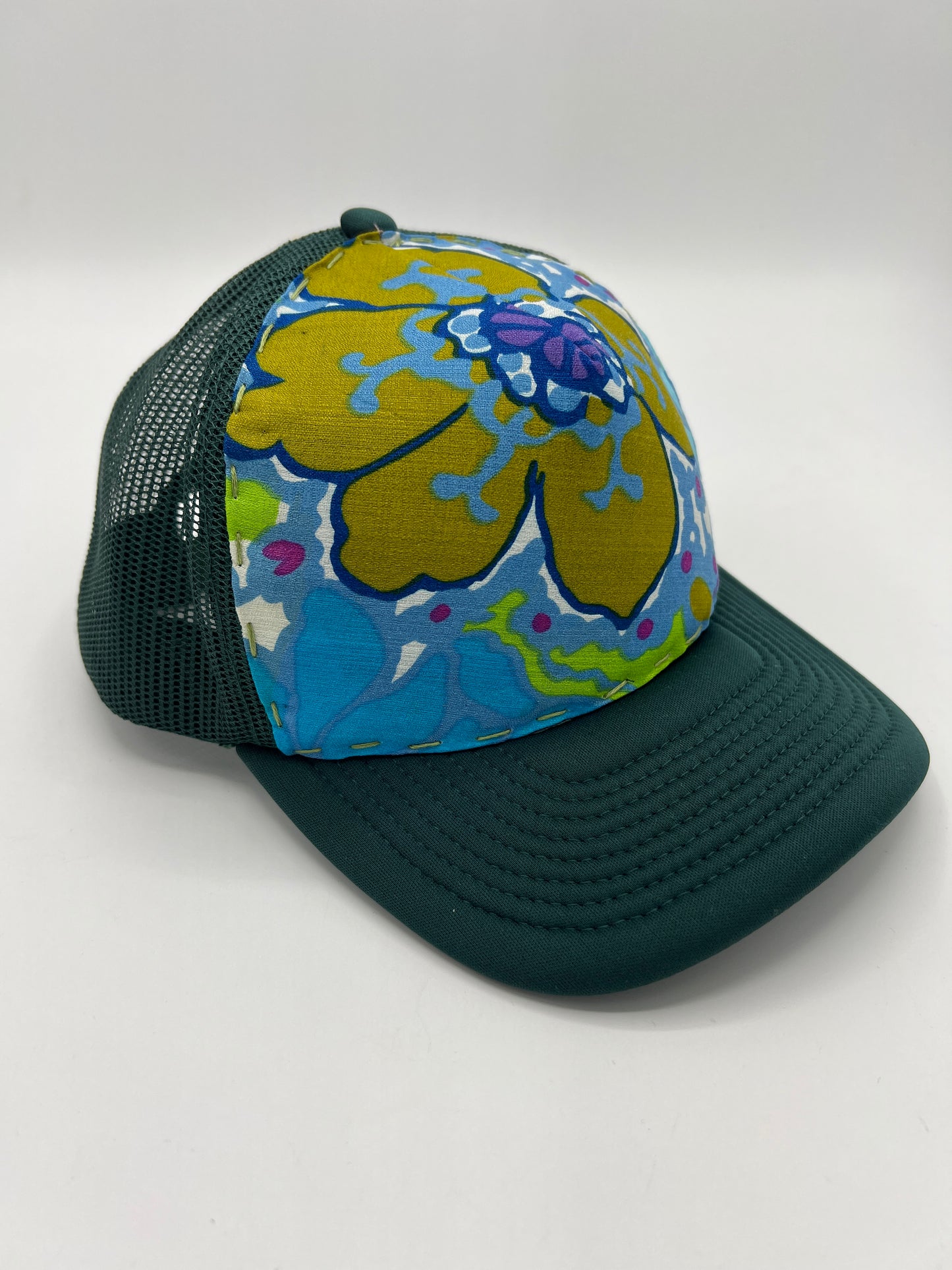 Vintage silk Aloha flowered fabric -curved brim forest green trucker hat