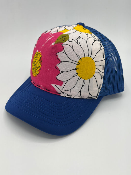 Vintage Vera Neumann floral fabric- curved brim blue trucker hat