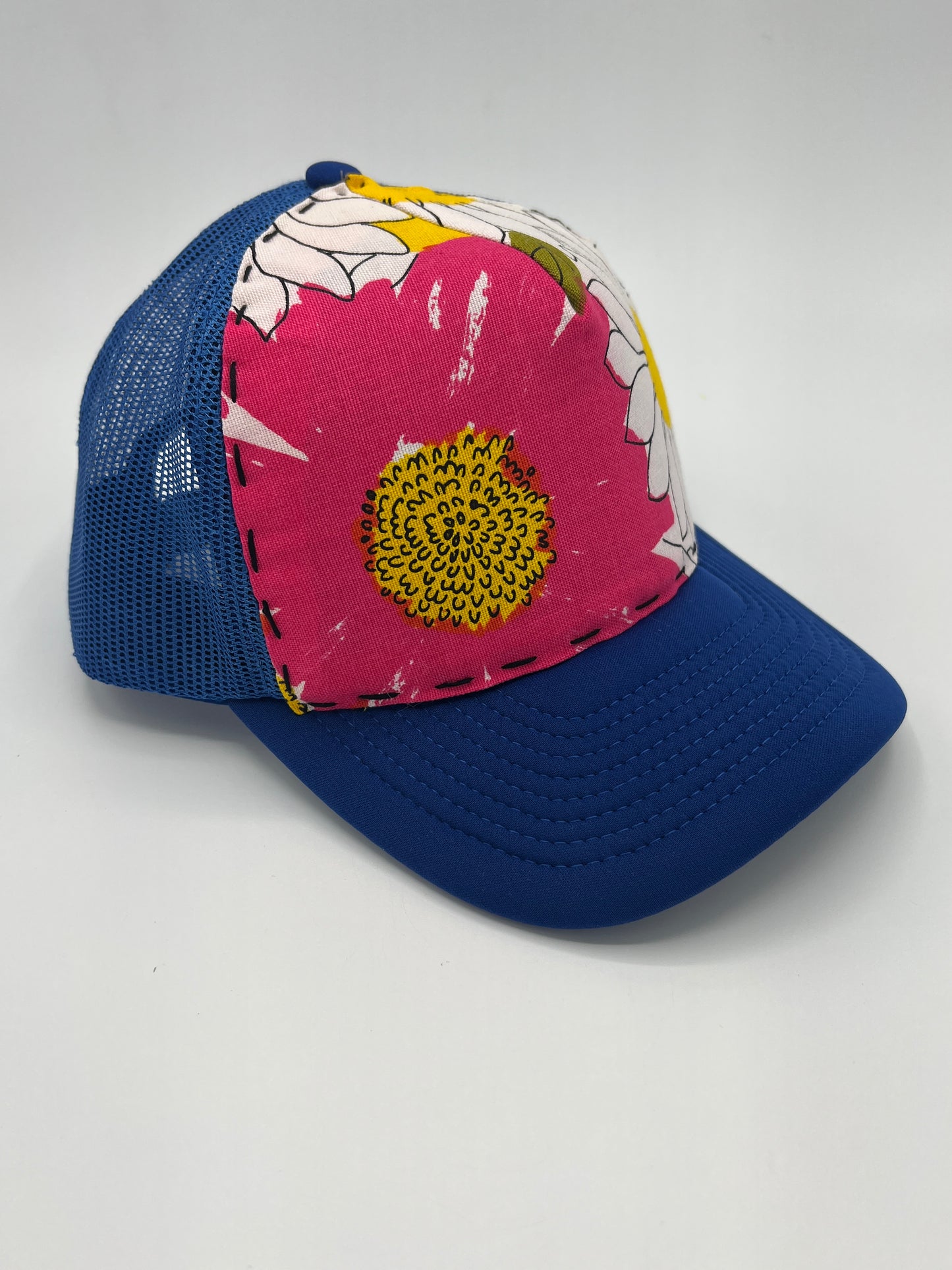 Vintage Vera Neumann floral fabric- curved brim blue trucker hat