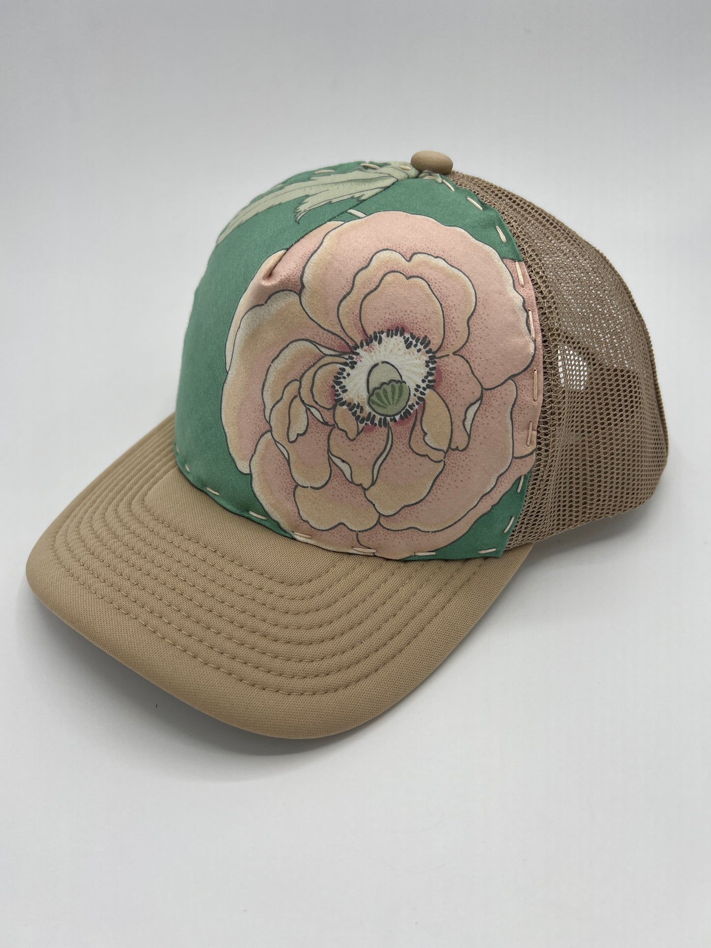 Poppy flower botanical vintage fabric -curved brim khaki cap