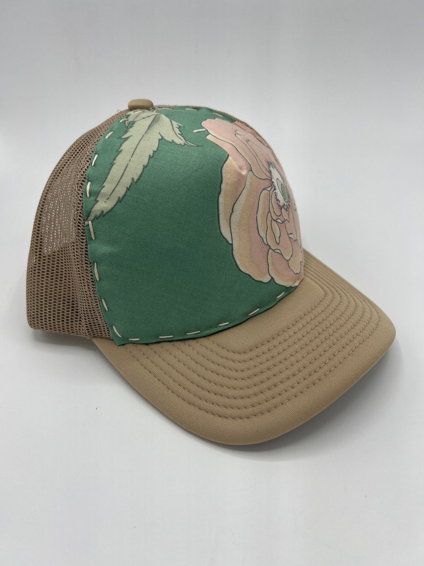 Poppy flower botanical vintage fabric -curved brim khaki cap