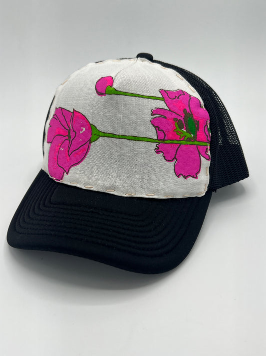 Vintage Alfred Shaheen floral fabric- black curved brim trucker hat