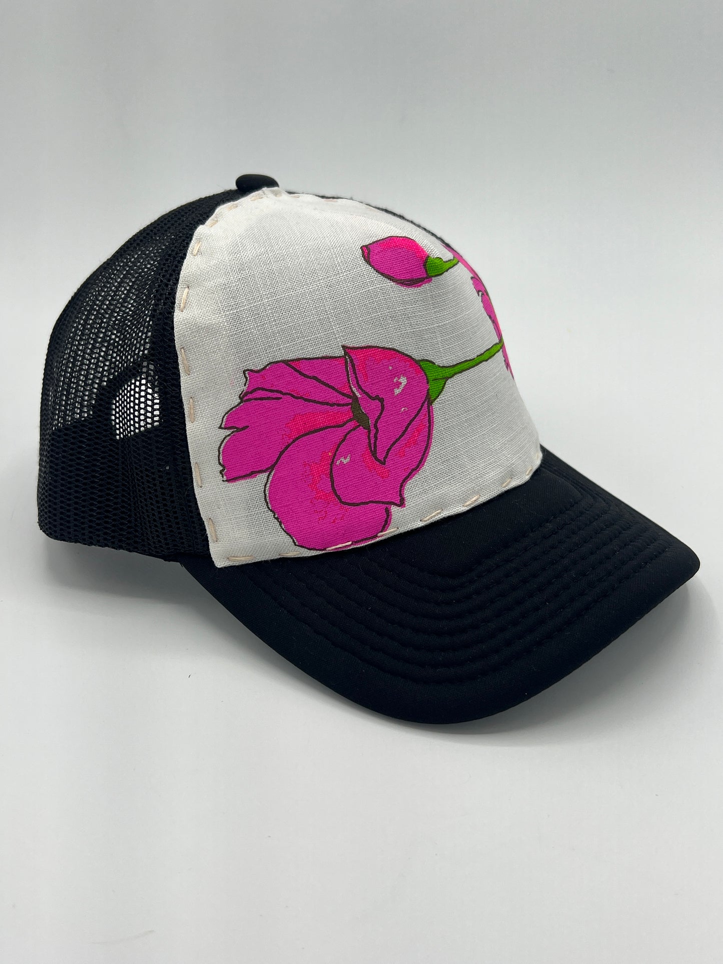 Vintage Alfred Shaheen floral fabric- black curved brim trucker hat