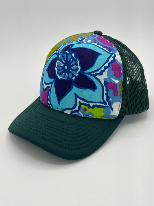 Vintage flowered silk Aloha fabric - curved brim forest green trucker hat