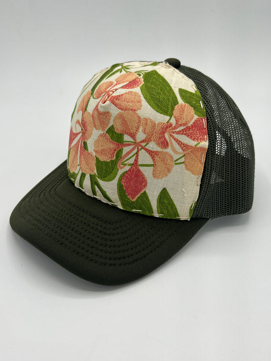 Bagshaws of Saint Lucia vibrant vintage fabric- army green curved brim trucker hat
