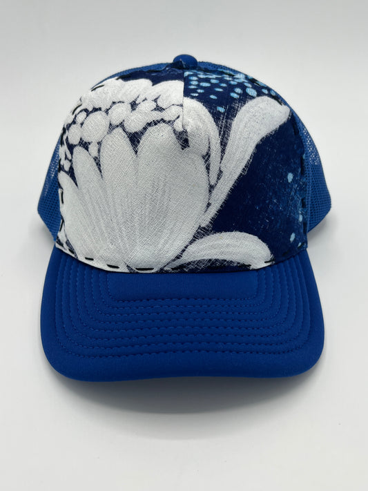 Vibrant vintage barkcloth floral fabric- curved brim blue trucker hat