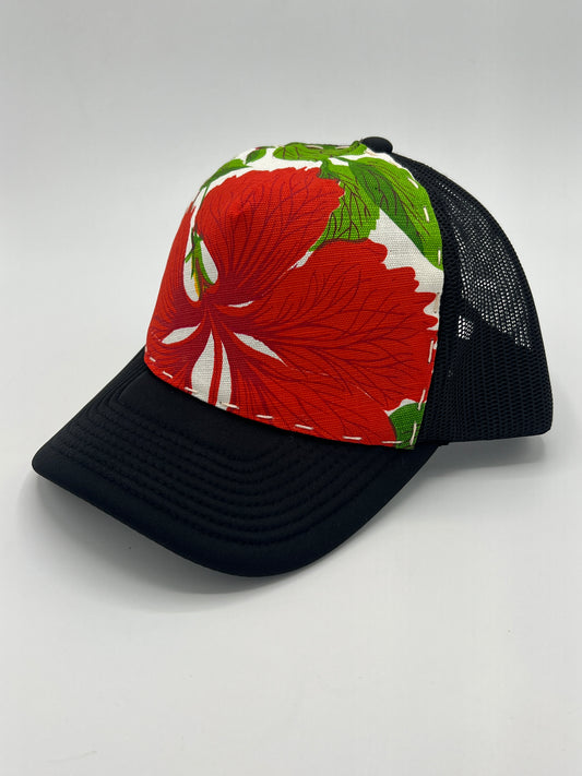 Bagshaws of Saint Lucia vibrant vintage fabric- black curved brim trucker hat