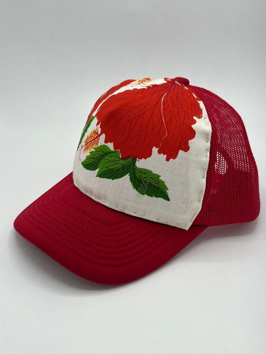 Bagshaws of Saint Lucia vibrant vintage fabric- red curved brim trucker hat