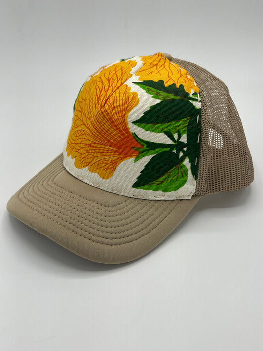 Bagshaws of Saint Lucia vibrant vintage  fabric- khaki curved brim trucker hat