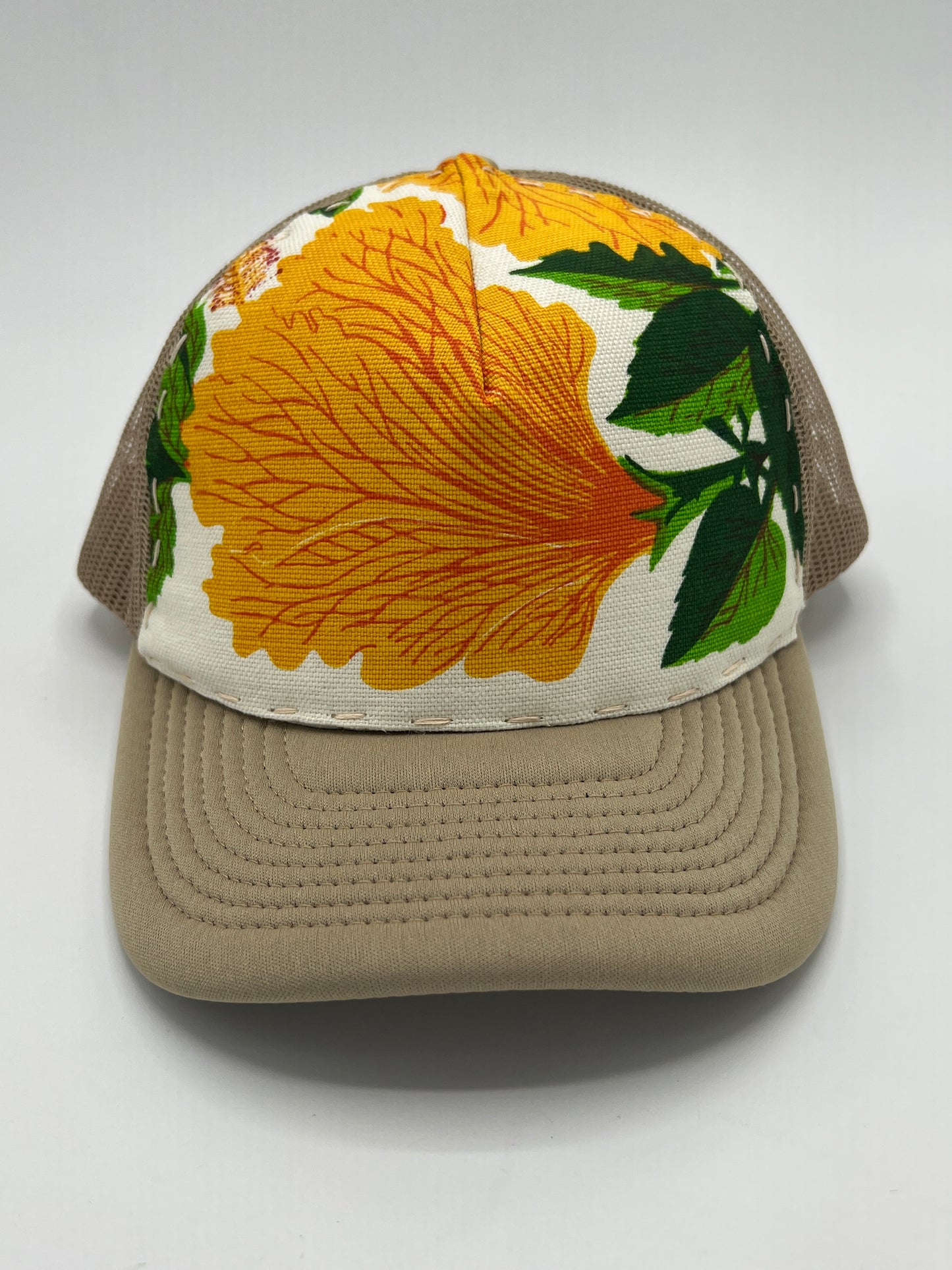 Bagshaws of Saint Lucia vibrant vintage  fabric- khaki curved brim trucker hat