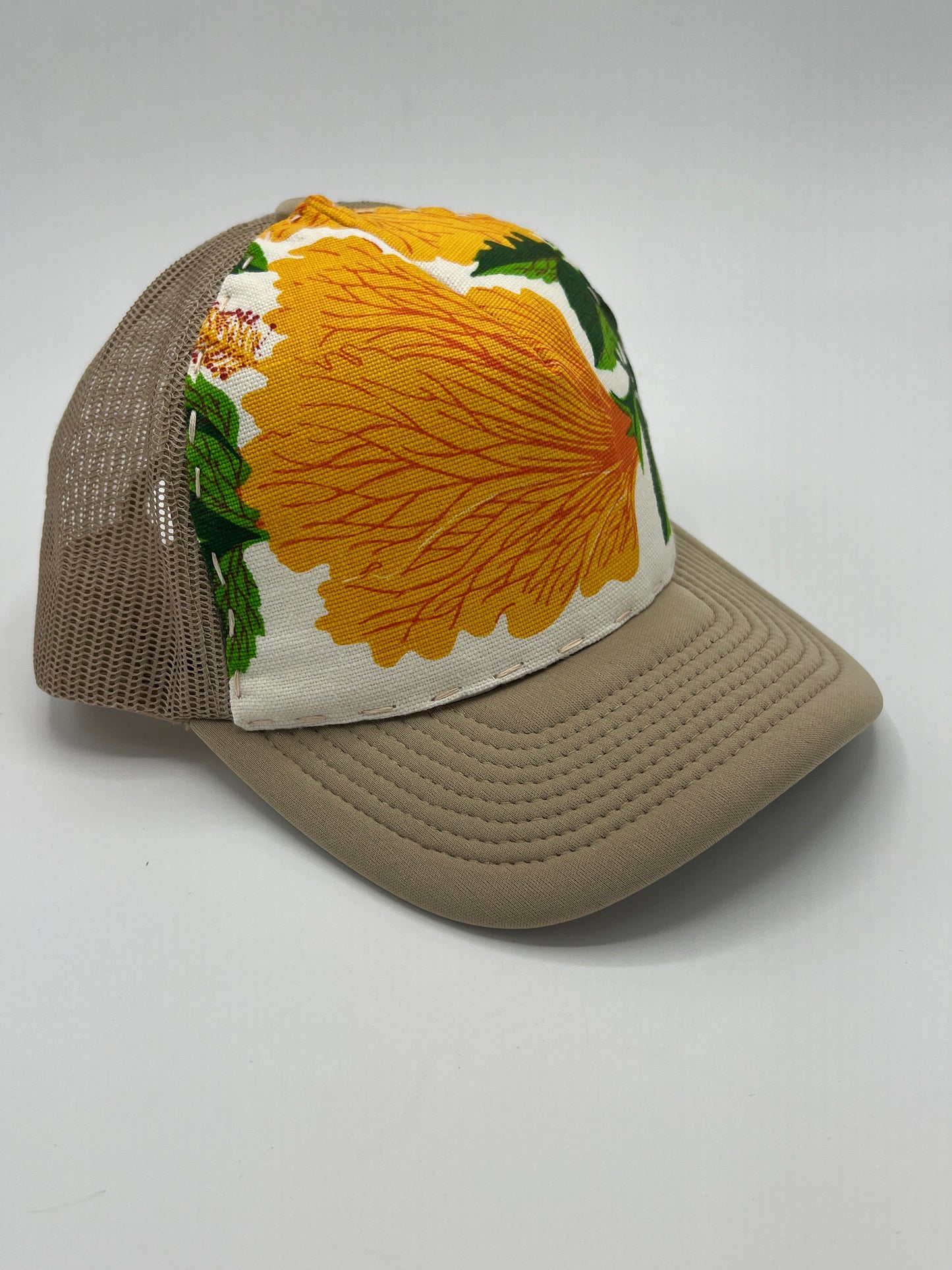 Bagshaws of Saint Lucia vibrant vintage  fabric- khaki curved brim trucker hat