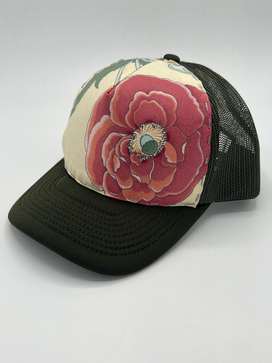 Poppy flower botanical vintage fabric -curved brim army green cap