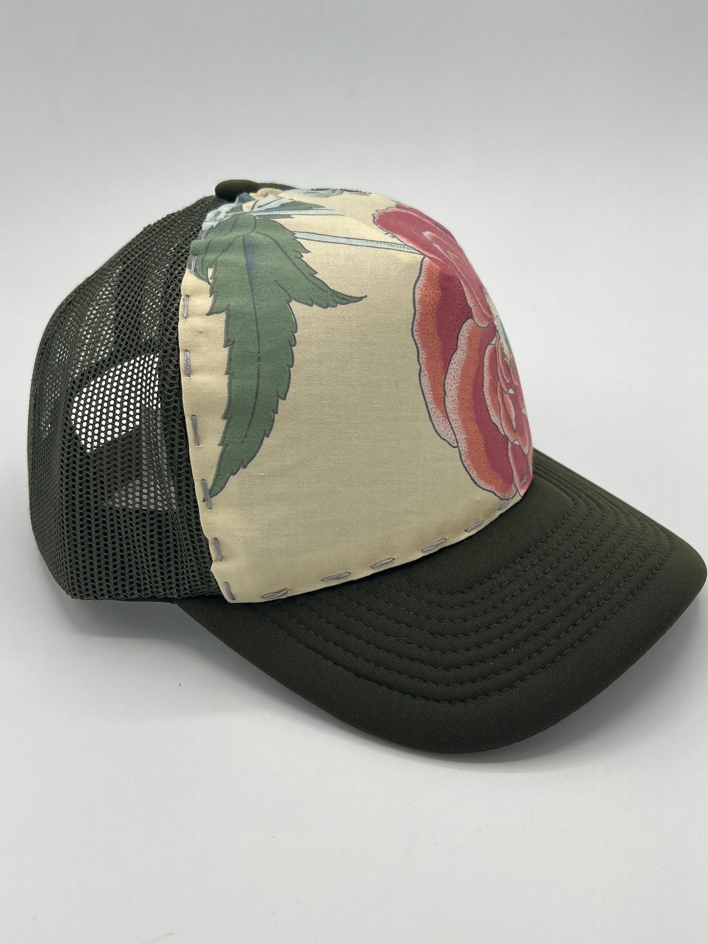 Poppy flower botanical vintage fabric -curved brim army green cap