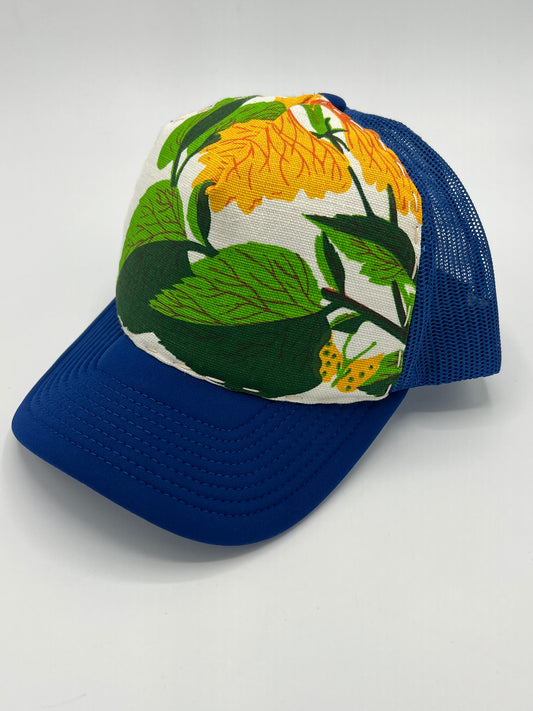 Bagshaws of Saint Lucia vibrant vintage  fabric- blue curved brim trucker hat
