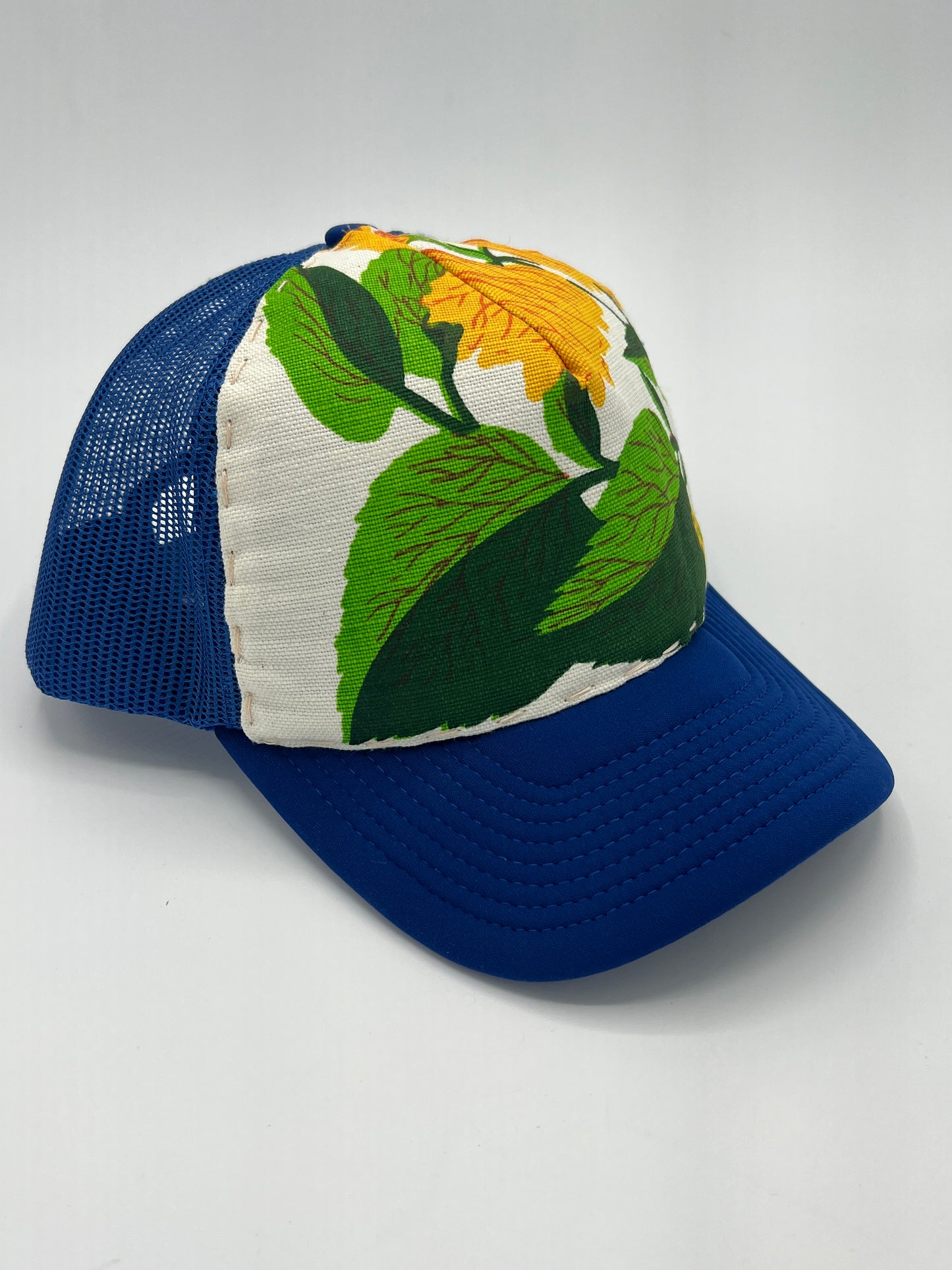 Bagshaws of Saint Lucia vibrant vintage  fabric- blue curved brim trucker hat